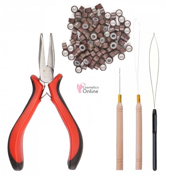 Set pentru extensii de par cu cleste SMR04D, 100 microring si accesorii, Saten Mediu